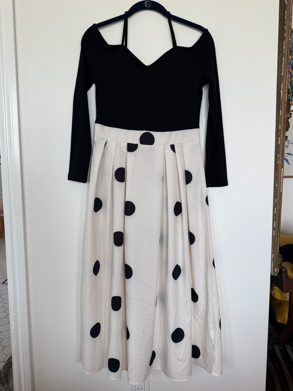 Black & Ivory Polka Dot Long Sleeve Midi Dress